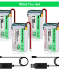 4 Pack 3.7V 1100mAh LiPo Battery With USB Charger Cable 1S Protection Board Micro JST 1.25 Plug For Arduino ESP32 Drone RC Car And Other DIY Module Projects With Beefy Power