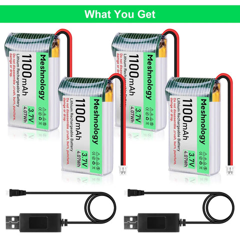 4 Pack 3.7V 1100mAh LiPo Battery With USB Charger Cable 1S Protection Board Micro JST 1.25 Plug For Arduino ESP32 Drone RC Car And Other DIY Module Projects With Beefy Power