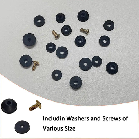Faucet Washers Assortment Kit With Flat And Beveled Rubber Washers, Brass Bibb Screws, And Multi Size Stem Washers displayed on surface