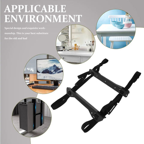 Heavy Duty Under Desk PC Tower Mount Rack With Stainless Steel Anti Vibration Caging, showing rack design and adjustable straps for securing PCs.
