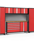 Red Bold Six Piece Garage Cabinet Storage Setup Built Tough With 24 Gauge Steel Welded Frames with bamboo worktop and adjustable shelves.