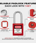 10 Pack Red Lockout Tagout Padlocks Set, Keyed Alike With 1 Key Per Lock, OSHA Compliant LOTO Industrial Grade Locks features