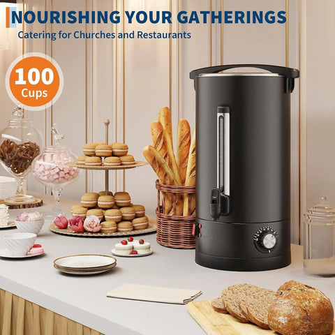 Heavy Duty Stainless Steel Coffee Urn Holds 120 Cups Keeps Your Crew Piping Hot With Double Wall Insulation, serving coffee at a catering setup.