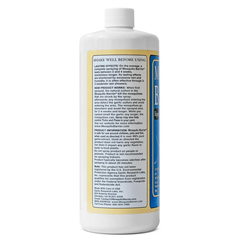 Back label of Liquid Garlic Mosquito Repellent Concentrate For Yards And Lawns, Easy Water Mix with instructions and details