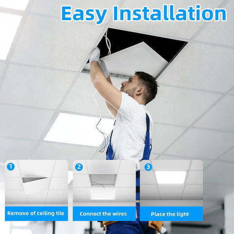 Installer placing 4 Pack 2x2 Ft LED Troffer Flat Panel Light 45W, 5800 Lumens, 5000K White, ETL Listed in a drop ceiling.