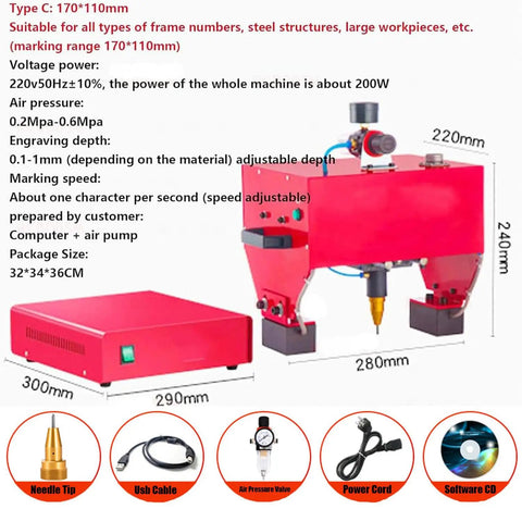 Portable Electric Dot Peen Engraving Machine For Heavy Duty Metal Marking With Quick Response And Rock Solid Guide Rail For Serial Numbers VIN Codes And Dead Simple Industrial Grade Performance with dimensions and accessories