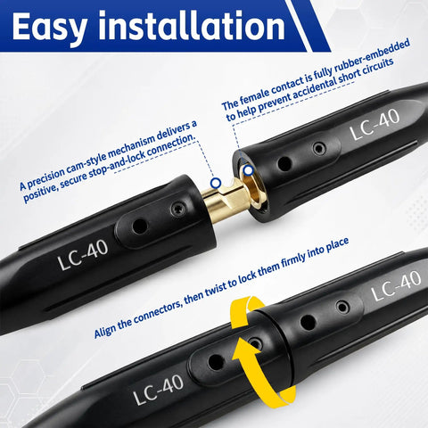 3 Pack LC40 Welding Leads Quick Connector Set showing male and female connectors, secure lock mechanism for welding machines