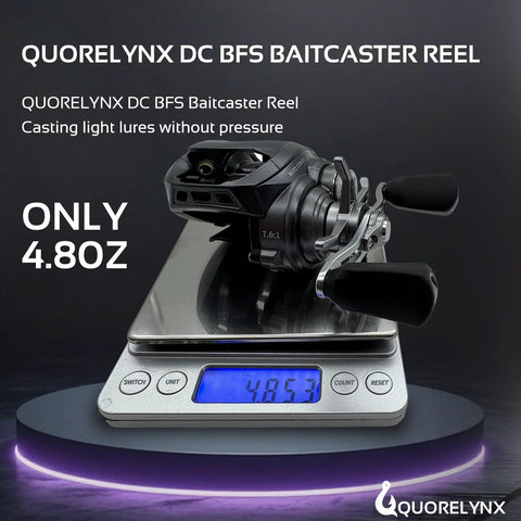 QUORELYNX DC BFS baitcaster reel, left-handed, black finish, 4.8 oz