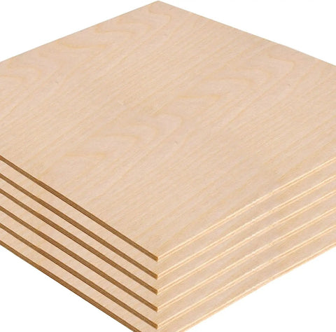 Stack of Baltic Birch plywood sheets, 12x20 inches, BB grade, six pack, 3mm thick, ready for laser cutting and crafts, side view.