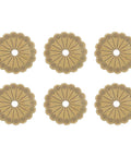 Six Pack Brass Cabinet Knob Backplates, Vintage Flower Shape Decorative Washers, arranged on white background