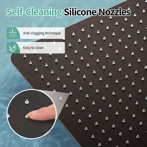 Close-up of anti-clogging silicone nozzles on Big Ol 16 Inch Square Stainless Steel Rain Shower Head With High Pressure.