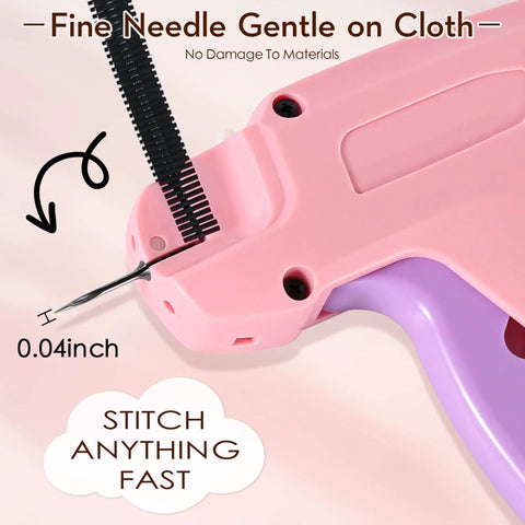 Close-up of Clothes Stitch Gun Quick Fixer Kit showing needle and fastener, 0.18 inch purple sewing tool detail.