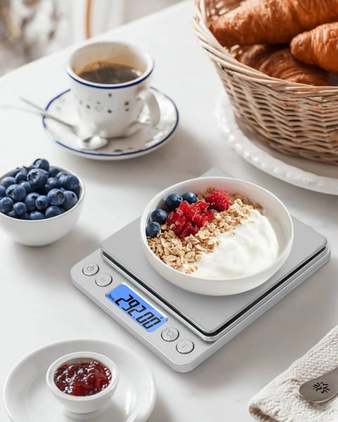 Grab-And-Go Pocket Size Digital Scale 500G 0.01G Precision with yogurt bowl on LCD display, stainless steel platform