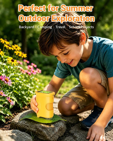 Kid-Friendly Handheld Microscope With 2.0 Inch IPS Screen, 1000X Magnification, Rechargeable Portable STEM Lab Toy for Boys and Girls Ages 4-12, Outdoor Science Gift, Educational Pocket Microscope, Orange used by boy in garden