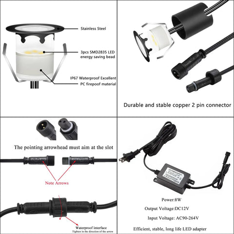 Warm White Recessed LED Deck Light Kit With Black Protective Shell For Embedded Installation, durable design and connectors