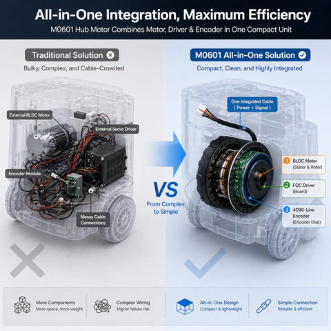 Comparison of traditional bulky motor system and M0601 Plug And Play Compact Direct Drive Hub Motor for AGV with Integrated FOC Servo