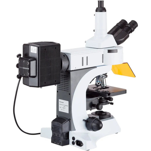 Upright Fluorescence Microscope 40X To 1000X With Rotating 6 Filter Turret And Ultra Sensitive 1.4MP CCD Camera, white lab microscope side view