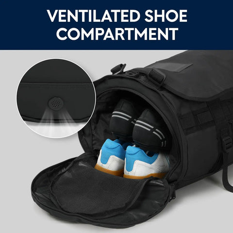 45L Black Duffle Backpack Carry On Travel Duffle Bag With Shoe Compartment Converts To Duffle Backpack Or Shoulder Bag