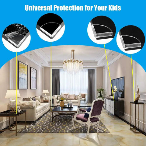 Living room with 36 Pack Slim Clear Edge Bumpers for Baby Safety Corner Protectors on tables and furniture.