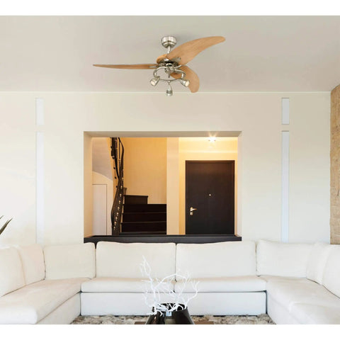 48 Inch Ceiling Fan With Light In Brushed Nickel Finish, Beech Blades, LED Light Kit in a modern living room