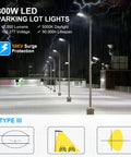 300W LED Parking Lot Light With 42,000 Lumens illuminating industrial area with 5000K daylight and adjustable arm mount