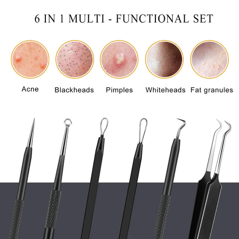 6 Piece Pimple Popper Tool Kit Blackhead Remover Comedone Extractor Set With Metal Case shown with skin care tool tips