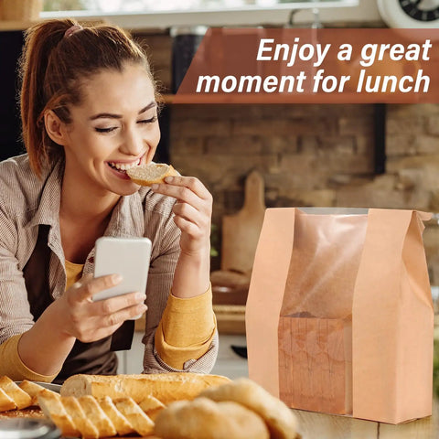 Woman enjoying lunch near Large Kraft Paper Bread Bags With Window 13.7 Inch By 8.2 Inch By 3.5 Inch 30 Pack for breads