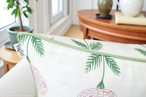 Pink Block Print Marigold Lumbar Pillow Cover 12x20 Off White Oblong Cushion Cover For Sofa Couch Chair Cozy Vintage Garden Vibe Grandmillennial Cottagecore Nursery Decor Konkan Floral, green piping
