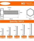 M5 Hex Bolts Stainless Steel 304 Set with Bright Finish For Rust Proof Heavy Duty Fastening, showing sizes and details.
