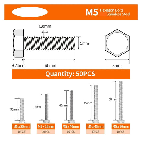 M5 Hex Bolts Stainless Steel 304 Set with Bright Finish For Rust Proof Heavy Duty Fastening, showing sizes and details.