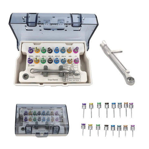 Open Colorful All In One Universal Implant Torque Wrench Kit with Ratchet, Pro Grade 10 to 70 Ncm, showing 16 screwdrivers