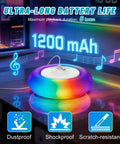 Colorful round Bluetooth speaker with 1200 mAh battery, part of 2 Pack Floating Pool Lights With Bluetooth Speaker 2 In 1 RGB Pool Lights IP68 Waterproof 360 Degree Hi Fi Sound For Pool Hot Tub And Outdoor Parties Great For Poolside Parties.