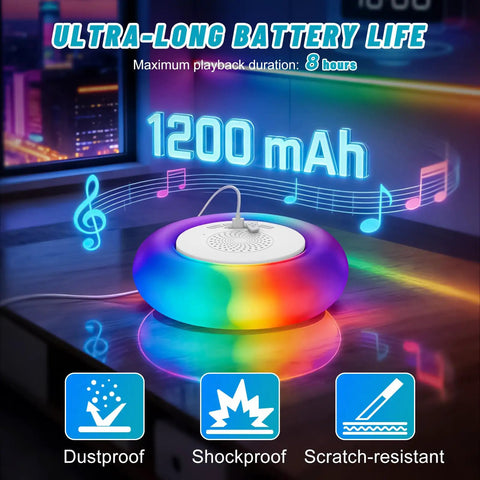 Colorful round Bluetooth speaker with 1200 mAh battery, part of 2 Pack Floating Pool Lights With Bluetooth Speaker 2 In 1 RGB Pool Lights IP68 Waterproof 360 Degree Hi Fi Sound For Pool Hot Tub And Outdoor Parties Great For Poolside Parties.