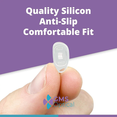 Close-up of a screw in silicone nose pad for glasses and sunglasses, 15mm medium, 7.4mm width, held between fingers