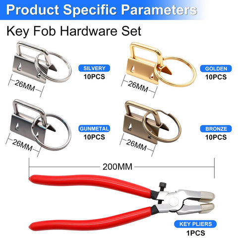 40Pcs Key Fob Hardware Set 1 Inch Kit With Glass Running Pliers showing 4 colors and red-handled pliers for DIY keychains.