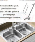 Universal Garbage Disposal Unjamming Wrench WRN00 for Waste King Moen and SinkErator Disposals, dual wrenches next to sink.