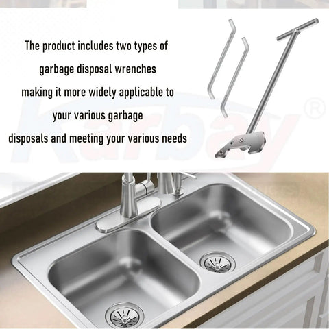 Universal Garbage Disposal Unjamming Wrench WRN00 for Waste King Moen and SinkErator Disposals, dual wrenches next to sink.