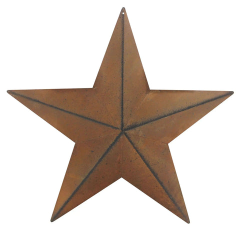 Large rusty metal star from Rusty Barn Star Wall And Door Decor Set In Metal With Vintage Farmhouse Charm, pre-drilled for hanging.