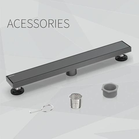 36 Inch Linear Shower Drain With Tile Insert In Moris Grey Stainless Steel, 2-In-1 Panel Floor Drain and accessories