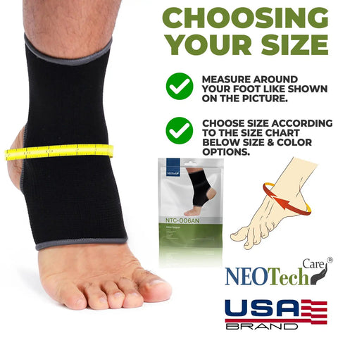 Open Heel Ankle Support Sleeve With Light Breathable Knit Fabric For Men Women Kids Medium Compression Right Or Left Ankle Black Size M 1 Pair Ideal For Running Basketball Tennis MMA Ultra Comfortable All Day Sport Wear shown on foot with measuring tape