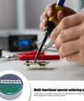 Flux Gel For Soldering Pro Level Ease Precision Paste For Circuit Repairs PCB Maintenance And Soldering Chips And Terminals Low Odor Eco Friendly No Mess Electronics Gel in use with soldering iron and circuit board