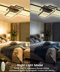 Dimmable Black LED Ceiling Light With Remote Control, Modern Square Flush Mount in bedroom, night and day setting shown