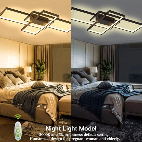 Dimmable Black LED Ceiling Light With Remote Control, Modern Square Flush Mount in bedroom, night and day setting shown