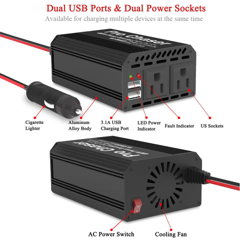 Rock Solid 400W Car Power Inverter 12V To 110V AC Converter with dual USB ports and power sockets for charging multiple devices.