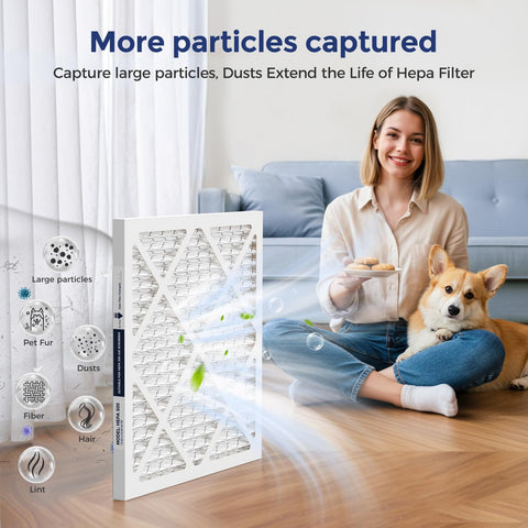 Pre-Filter Replacement Pack For Air Scrubbers 16x16x0.79 Inches shown with woman and dog for scale