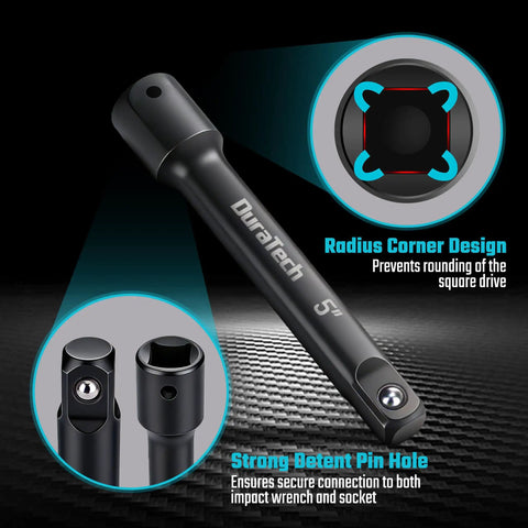 Close-up of Heavy Duty One Half Inch Impact Socket Extension Set Five Piece Kit With Five Inch Ten Inch And Fifteen Inch Extensions Swivel Universal Joints And One Half To Three Eighth Inch Drive Adapter In CR V Steel For Auto And Garage Grinders, showing a 5-inch extension and design features on dark background.
