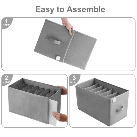 Assembly steps for 3 Pack Sweater Wardrobe Organizer With PP Board Handles, 7 Grid Closet Storage Box, easy construction shown in images.