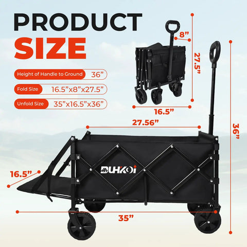 Foldable Tailgate Wagon Cart With Wheels Lightweight 12 Lb Utility Wagon for garden, grocery, black finish, dimensions shown