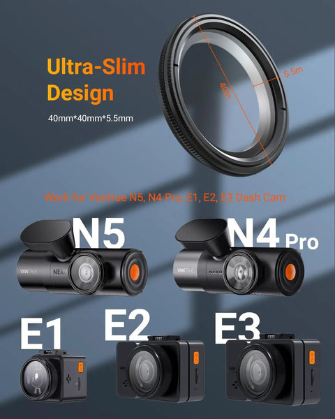 Diagram showing the 40mm Ultra Slim CPL Circular Polarizer Filter for Dash Cams N4 Pro N5 with dash cam models.