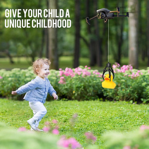 Upgrade Your Drone Game With This Awesome Universal Claw Grabber for DJI Drones carrying a rubber duck toy above a child.